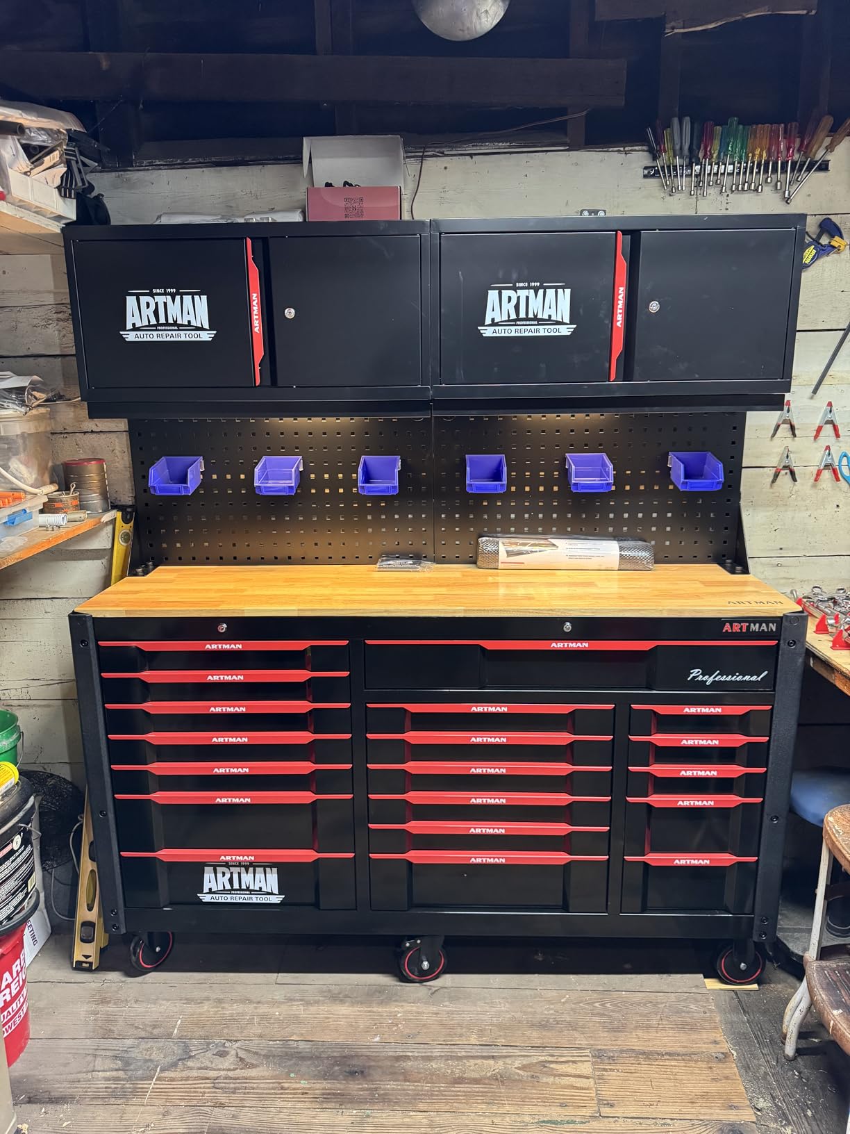 19 Drawers Rolling Tool Chest Large Mobile Workbench Heavy Duty Wood Top Tool Cart on Wheels Mechanic Toolbox Storage Cabinet for Garage, Workshop, Warehouse, Laboratory, with 2 Upper Cabinets customer photo 1