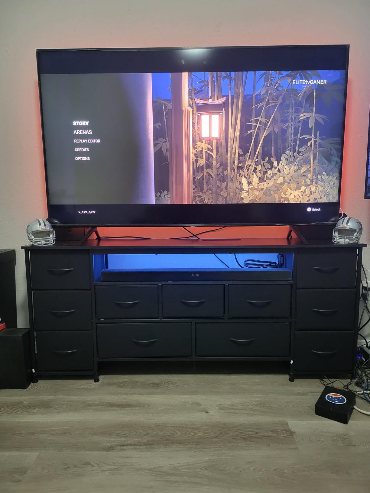 Huuger 70 Inch TV Stand for 75, 80 Inch TV, 11 Drawer Long Dresser with Power Outlets and LED Lights, Entertainment Center with Storage, Black Dresser with PU Leather Surface customer photo 1