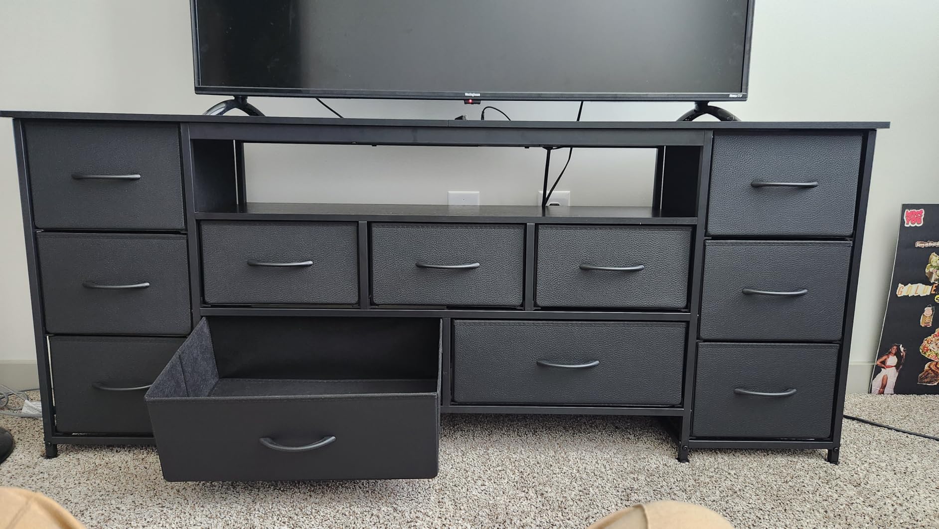 Huuger 70 Inch TV Stand for 75, 80 Inch TV, 11 Drawer Long Dresser with Power Outlets and LED Lights, Entertainment Center with Storage, Black Dresser with PU Leather Surface customer photo 2