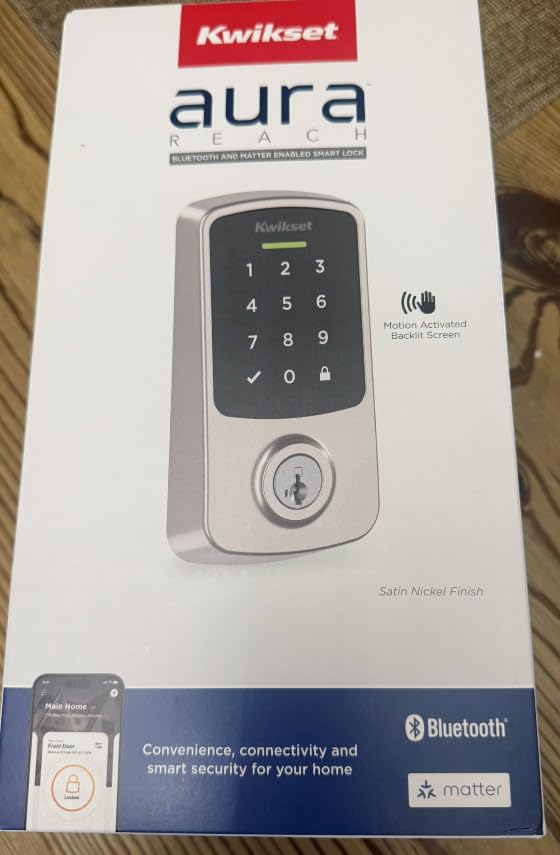 Kwikset Aura Reach Smart Lock Matter Over Thread and Bluetooth Enabled Keyless Entry Door Lock Deadbolt, BHMA Certified, Proximity Wakeup, Geofence Auto-Unlock Satin Nickel customer photo 1