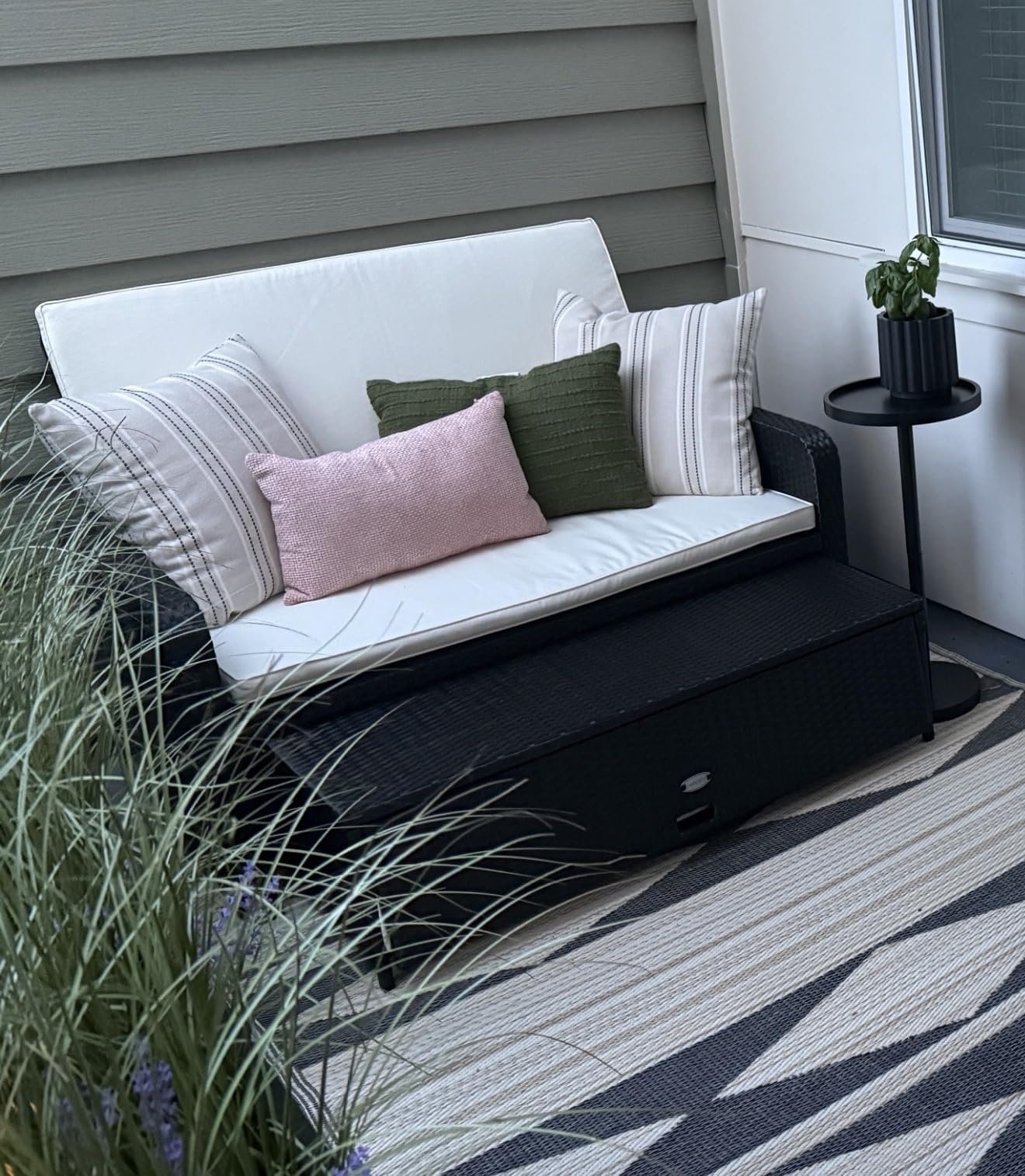 RELAX4LIFE Wicker Patio Outdoor Daybed - Rattan Day Bed Lounger w/Loveseat & Storage Ottoman, Sunbed Sofa Set w/Cushions, 4-Level Adjustable Backrest & 2 Retractable Trays, Patio Daybed (White-Black) customer photo 1