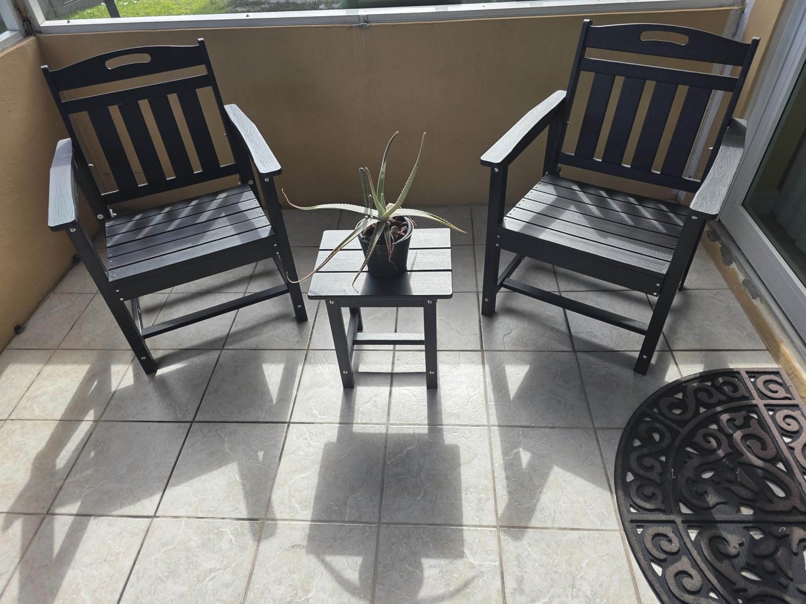 HDPE Outdoor Patio Dining Table & 6 Stackable Armless Chairs Set, Teak customer photo 1