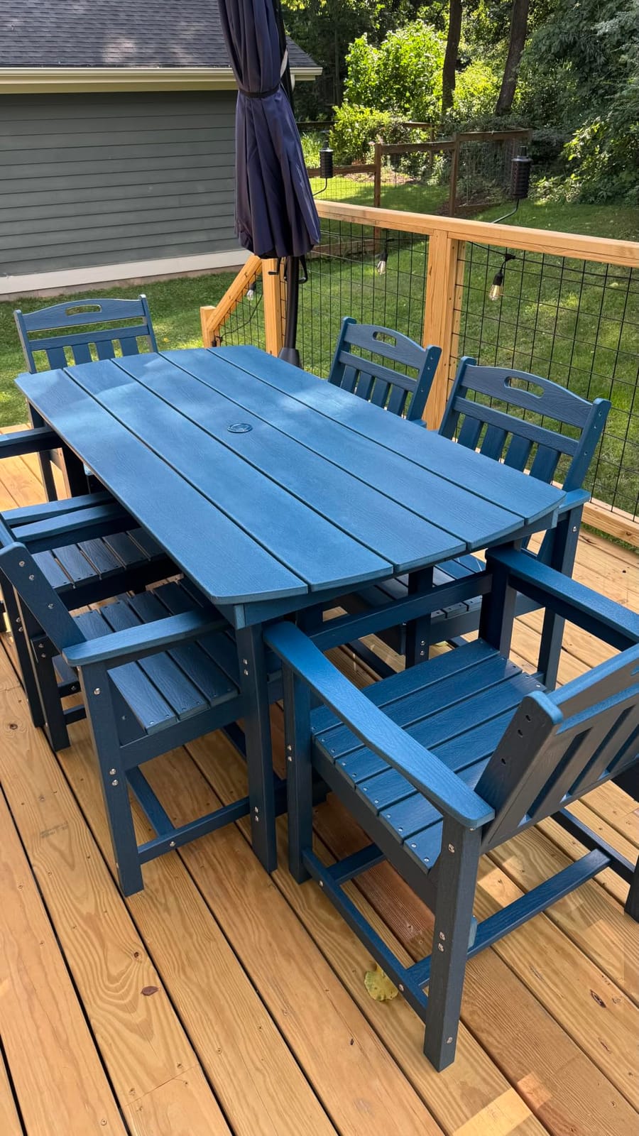 HDPE Outdoor Patio Dining Table & 6 Stackable Armless Chairs Set, Teak customer photo 2