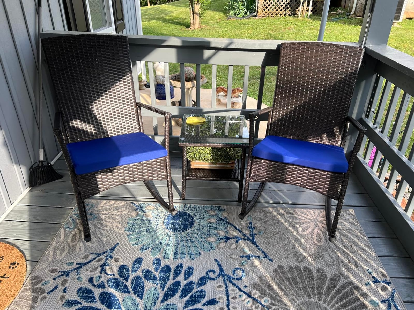 Outdoor HDPE Wicker Rocking Chair 3-Piece Patio Rattan Bistro Set 2 Rocker Armchair and Glass Coffee Side Table Furniture Washable Lacing Cushions, Khaki customer photo 1