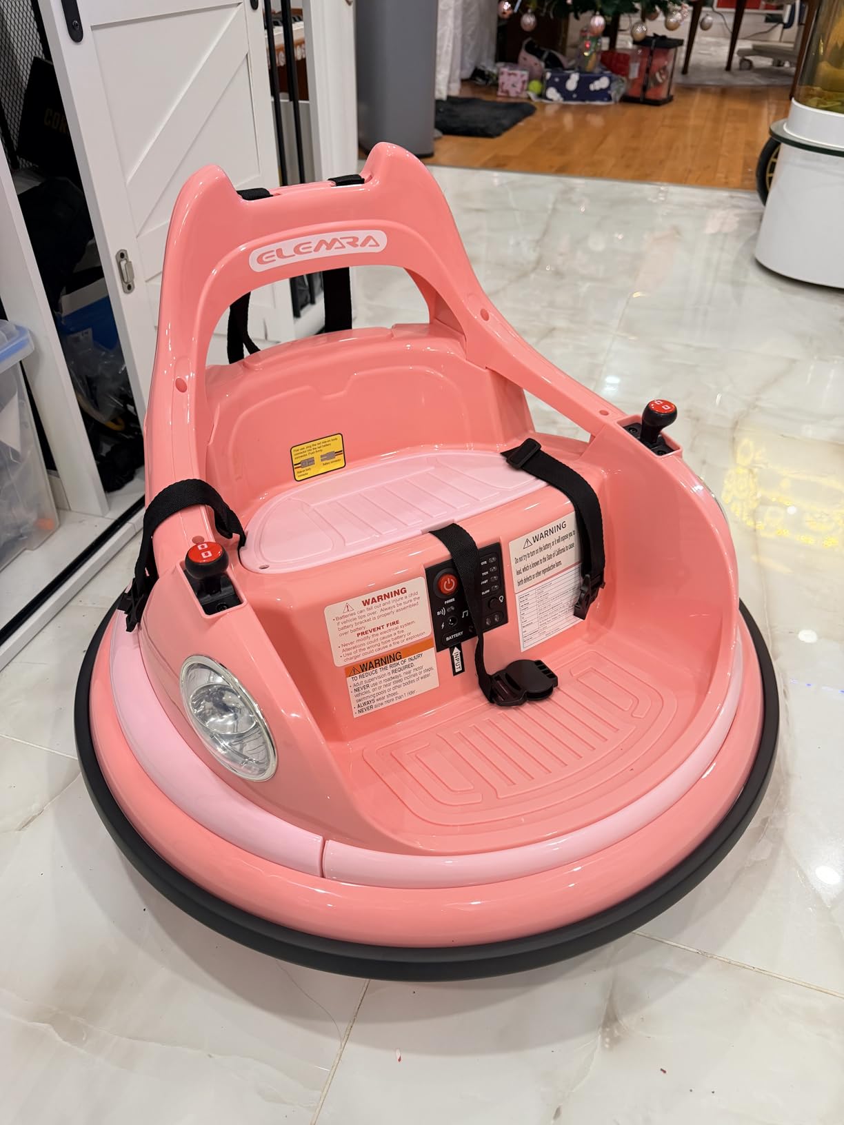 ELEMARA Bumper Car for Kids,1.9mph Max,12V Toddler Ride on Toys with Remote Control,2-Speed,2 Playing Modes,360 Degree Spin,Bumping Toy Gifts W/Bluetooth,5 LED Lights Modes,DIY Stickers,Pink customer photo 2